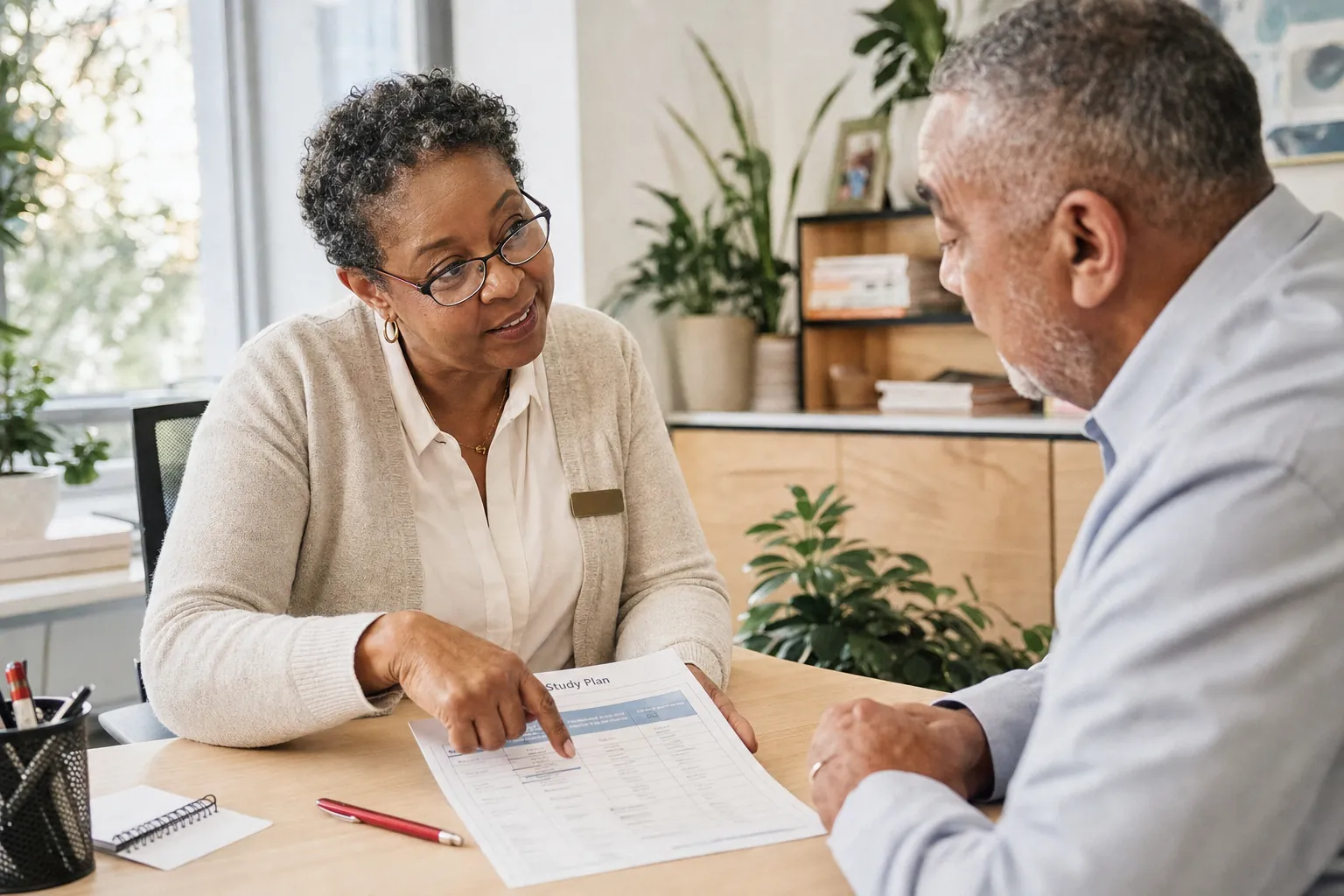 An advisor walks an adult student through his study plan at her desk