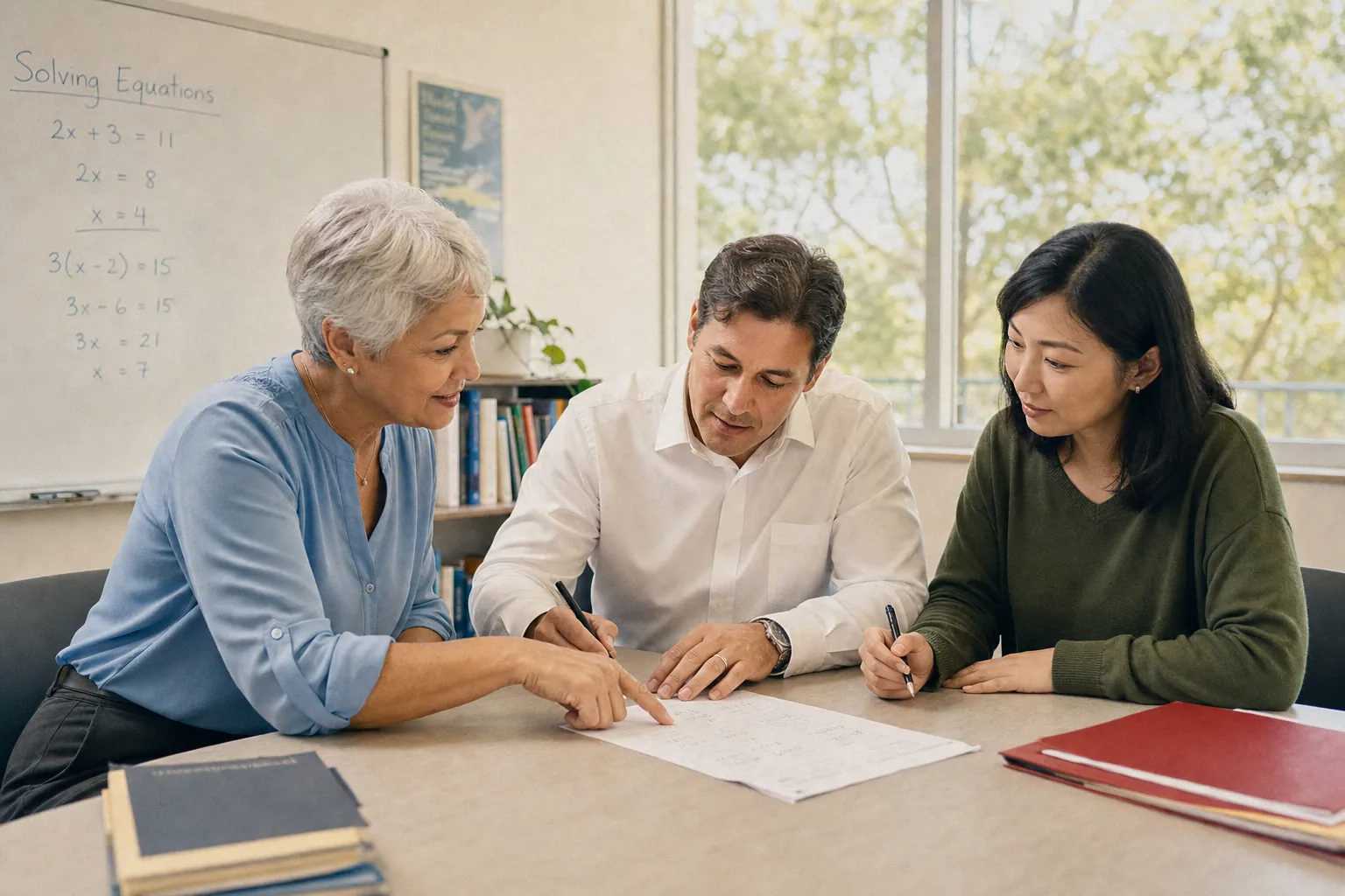 An instructor reviews an algebra worksheet with two adult students at a classroom table