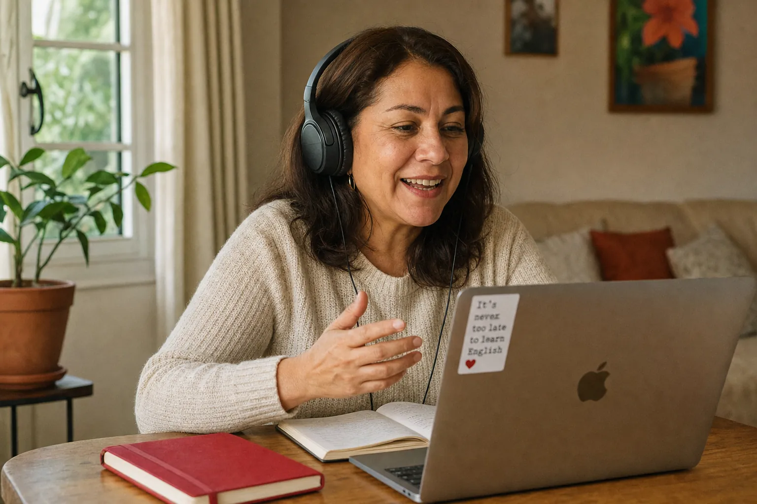 Woman with headphones taking an online English class on her laptop at home