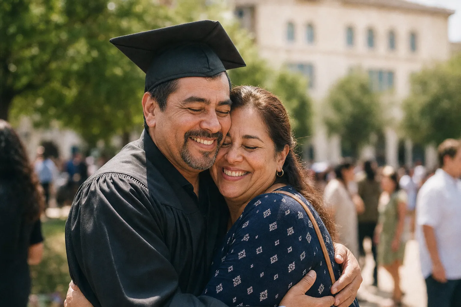 A graduate in cap and gown hugs a family member after the ceremony
