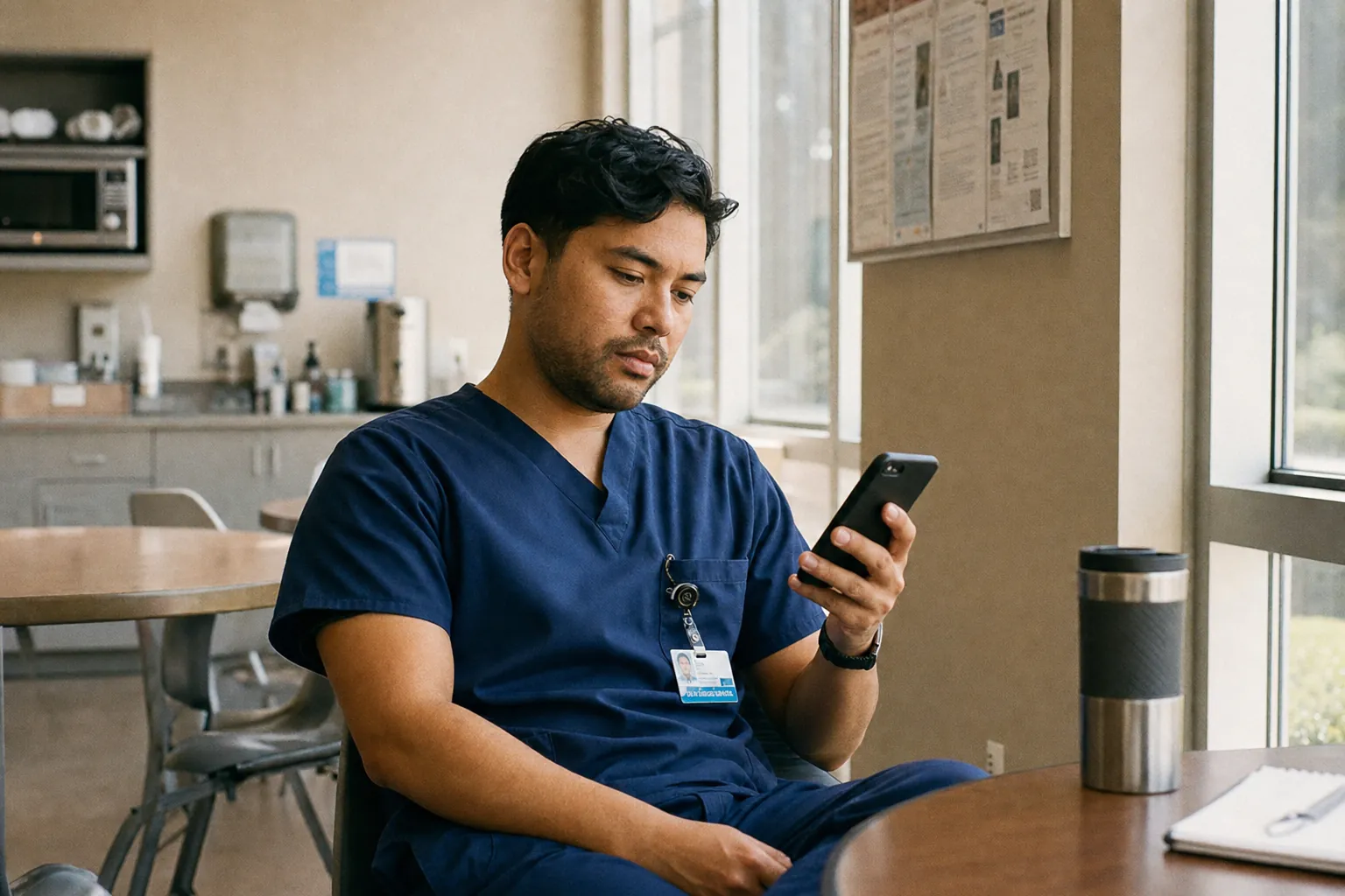 Hospital worker in scrubs checking his phone during a break